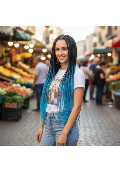 Afrika Örgüsü Ve Rasta İçin Sentetik Ombreli Saç - Siyah / Turkuaz Mavi