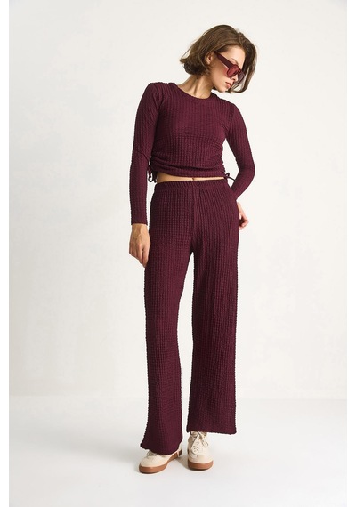 Shade Kadın Yanları Bağlamalı Crop Beli Lastikli Yüksek Bel Pantolonlu Bürümcük Takım 8075 60284110 - Mürdüm