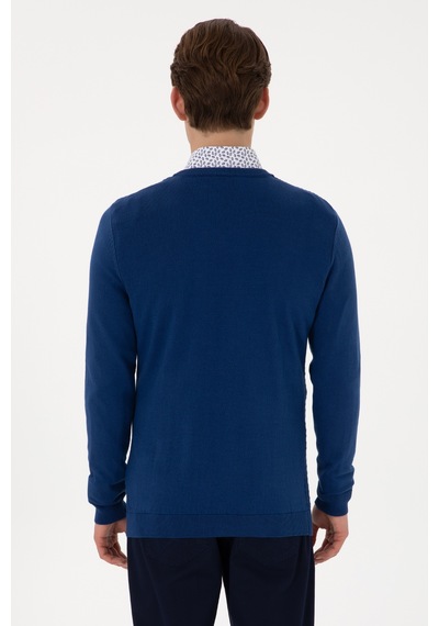 U.S. Polo Assn. Erkek Slim Fit V Yaka İndigo Basic Kazak 50288879-VR028
