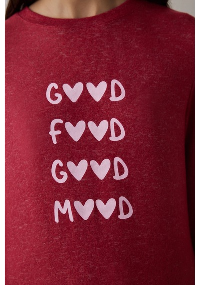 Penti Bordo Good Mood Slogan Baskılı Termal Etkili Sweatshirt Pijama Üstü