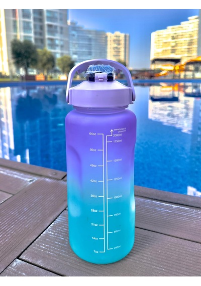 Motivasyonel Su Matarası Mor Suluk 2 Litre Spor Salonu Su Şişesi + Sticer