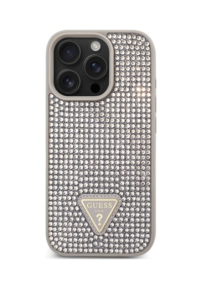 Apple Uyumlu iPhone 16 Pro Max Kılıf Guess Lisanslı Üçgen Logolu Taşlı Kapak Gümüş