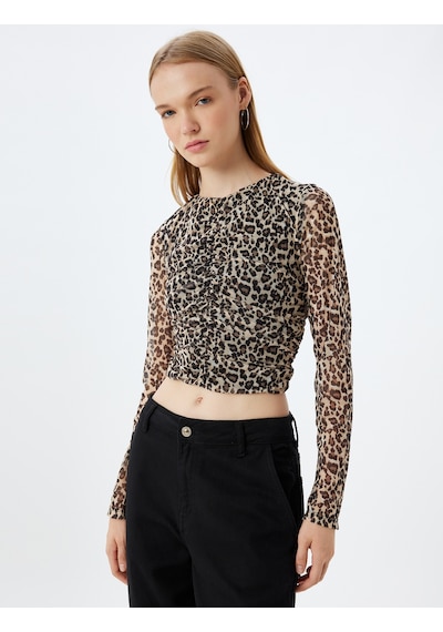 Koton Leopar Tül Bluz Crop Uzun Kollu Bisiklet Yaka Büzgülü Bej Desenli 5wal60024ık Ekru