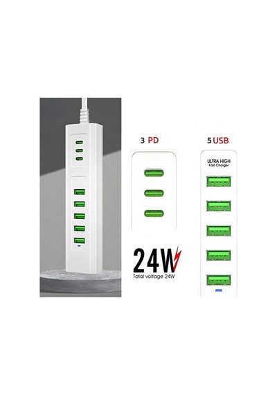 8 Portlu Çoklu Usb Şarj İstasyonu 5 Usb + 3 Type-c Masaüstü Çoklu Şarj Cihazı 1