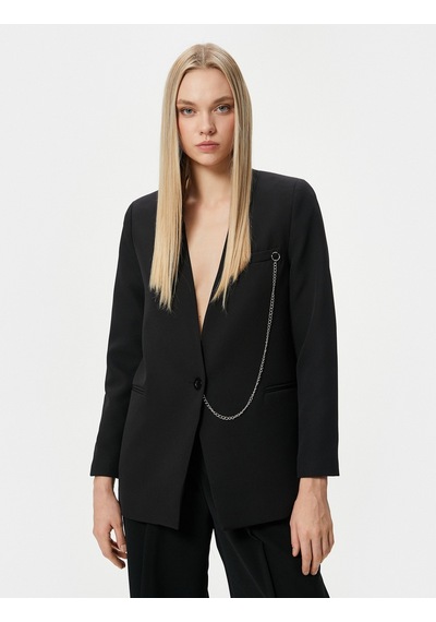 Koton Blazer Ceket Tek Düğmeli Fleto Cepli Zincirli Siyah 4wak50171uw Siyah