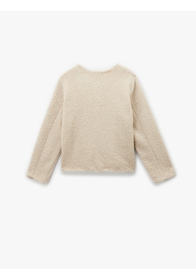 Koton Düğmeli Cepli Uzun Kollu Yuvarlak Yaka Crop Peluş Bomber Ceket Bej 6wak20260ew Ekru