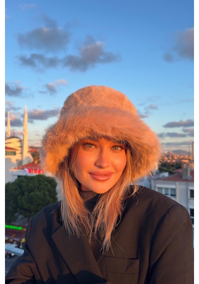 Mollycrush Suni Kürklü Peluş Bucket Kalpak Şapka Luxury Kadın Camel Rus Slav Tarzı Camel