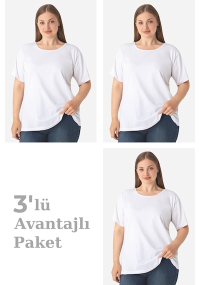 Arma Yıldız Kadın Büyük Beden Pamuklu Basic Kısa Kollu Bisiklet Yaka Tişört Beyaz 3'lü Paket