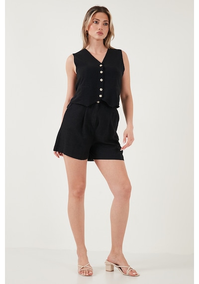 Lela Pamuk Ve Keten Karışımlı Slim Fit Yelek Şort Bayan Takım 5866118 Siyah