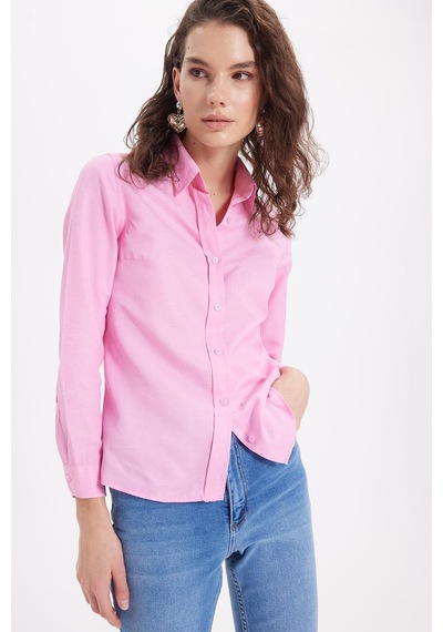 Tudors Kadın Slim Fit Dar Kesim Uzun Kollu Pamuklu Vücuda Oturan Dokulu Pembe Basic Gömlek-38815 Pembe