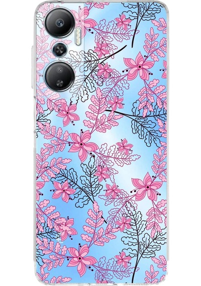 İnfinix Hot 20 Uyumlu Kamera Korumalı Floral Pembe Tasarımlı Şeffaf Silikon Kılıf