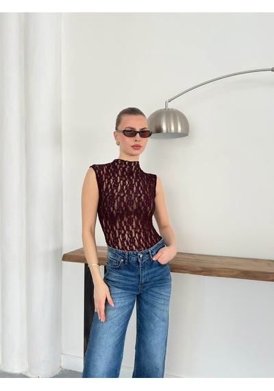 Verymoda Sıfır Kol Dantel Bluz D2750 Bordo