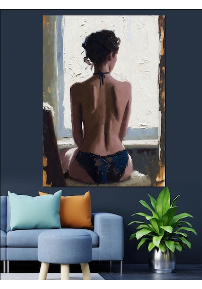 Ahşap Tablo Sırtı Dönük İç Çamaşırlı Seksi Kadın Yağlı Boya Çalışması