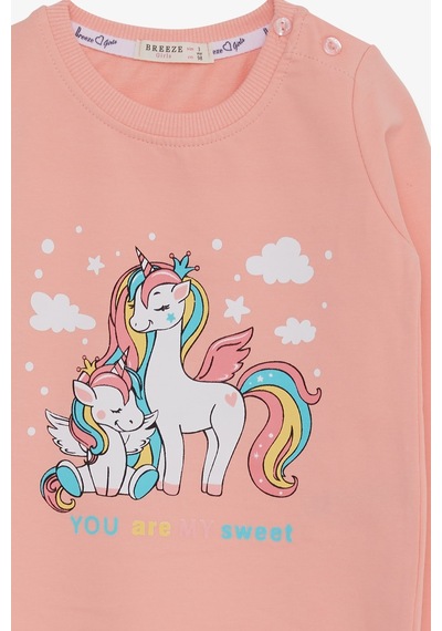 Breeze Kız Çocuk Sweatshirt Sevimli Unicorn Baskılı 1-4 Yaş, Somon-somon Somon