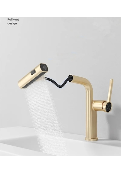 Banyo Lavabo Bataryası Duş Şelale 3 Fonksiyonlu Spiralli İthal Mat Gold