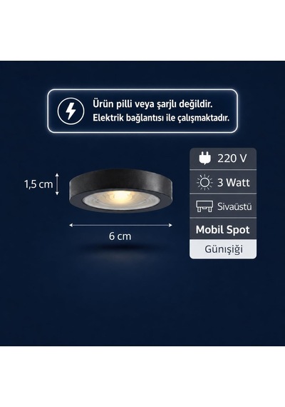 3w Led Sıva Üstü Mini Spot 220v Günışığı 6 Cm Mobil Raf & Dolap Aydınlatma Diğer