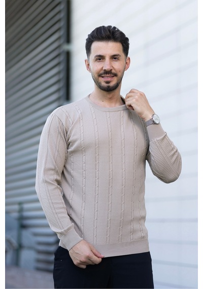 Hk Premium Bisiklet Yaka Örgü Desenli Slim Fit Triko Kazak Bej