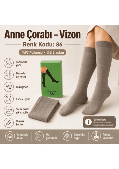 Genel Kadın 70 Denye Kalın Anne Çorabı 6'lı Dizaltı Topuksuz Esnek, Ten Siya Vizon / Standart / 6 Adet