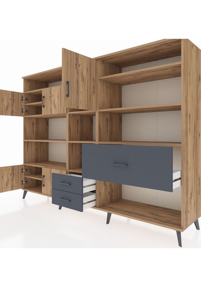 Hyperion Dolap 13 Raflı 3 Çekmeceli 5 Kapaklı 220x44x163 Çam-çam/ Çam-çam/antrasit
