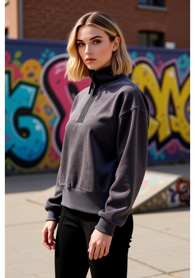 Benerly Kadın Dik Yaka Düşük Kol Fermuar Detaylı Polar Sweatshirt Fonksiy Antrasit