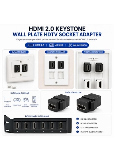 Hdmı 2.0 Dişi To Dişi Keystone Jack Adaptör Çevirici Uzatma Dönüştürücü Ara Bağlantı