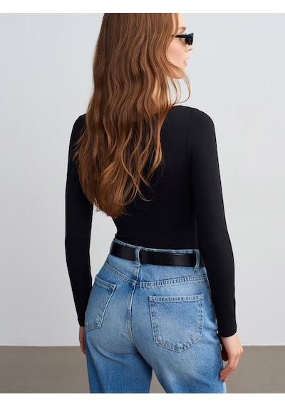 Dilvin 32549 Kayık Yaka Bodysuit-siyah Siyah