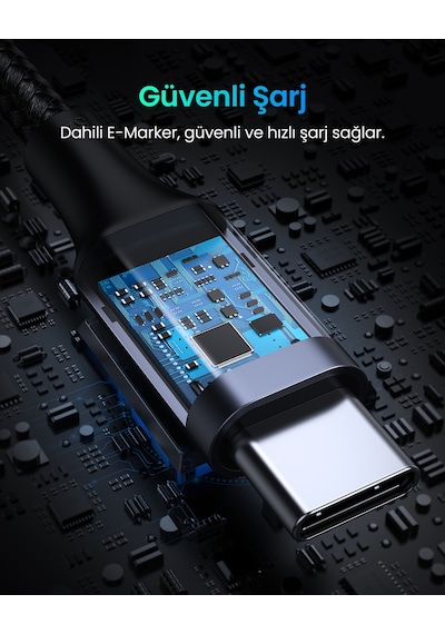 Ugreen Usb-c 100w 5a Qc Pd 90 Derece Örgülü Hızlı Şarj Kablosu, 2 Metre, Siyah, 70645 -