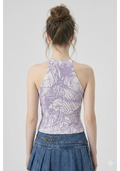 Neden Tekstil Kadın Fitilli Çizgi Baskılı Halter Yaka Crop Bluz - Beyaz-lila