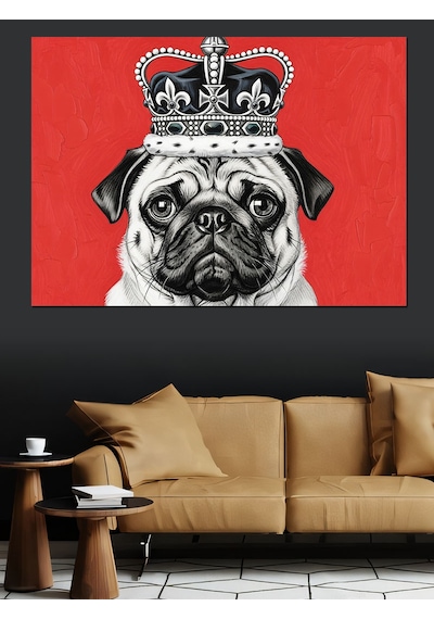 Siyah Beyaz Kraliyet Taçlı Pug Köpek Kırmızı Fon Dekoratif Kanvas - Mdf Ahşap Tablo