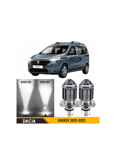 Dacia Dokker 2012-2022 Uyumlu Mercekli Far Ampulü Led Xenon Beyaz Renk Far Şimşek Etkili Csp Led Lamba Uzun Kısa 2 Adet Takım