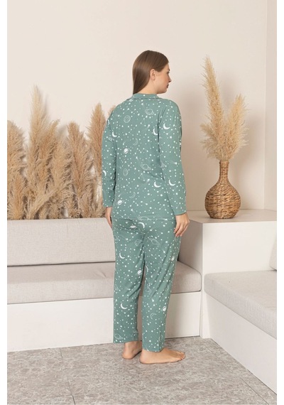 Büyük Beden Bordo Kalp Desen Ultrasoft Uzun Kollu Pijama Takımı Yeşil