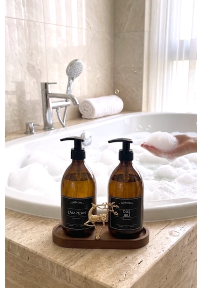 Sabunluk Amber Şişe Cam İkili Şampuan-duş Jeli Banyo Düzenleyici Lüks Gold Geyik Ahşap Standlı 500ml