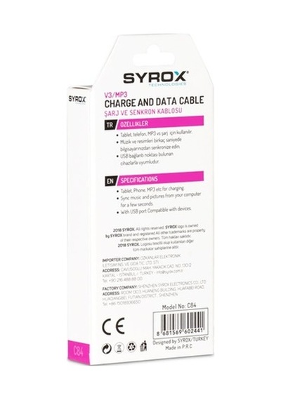 Syrox 1.0A Eco V3/Mp3 Şarj Ve Data Kablosu C84 (380210884)