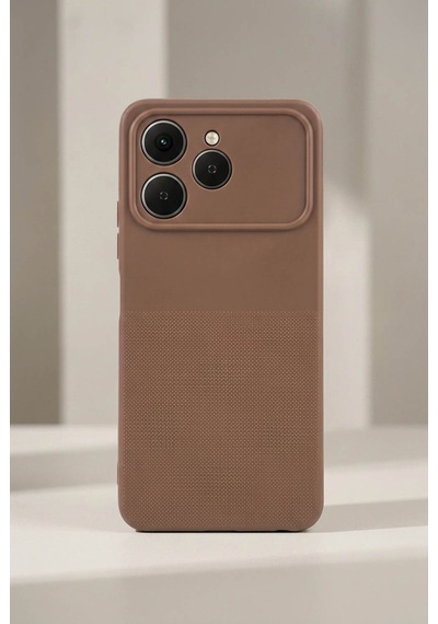Tecno Spark 40 Uyumlu Kamera Korumalı Silikon Telefon Kılıfı Darbe Emici İçi Kadife Tırtıklı Kaymaz Yüzeyli Yumuşak Kılıf-54281 Kahverengi