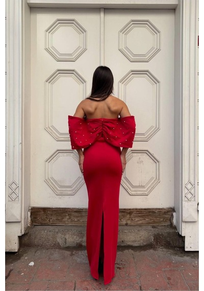 Lior Design Kadın İnce İşçilik Esnek Tül Kumaş Straplez Abiye Elbise Kırmızı