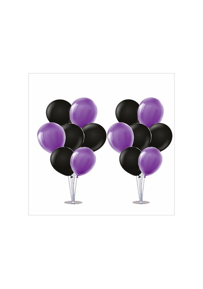 2 Adet Ayaklı Balon Standı 7li Set, 14 Adet Mor, Siyah Balon Çok Renkli