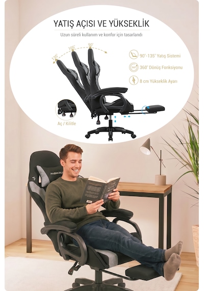 Fashcolle Dynamic Air Kumaş Gri-Siyah Masajlı Oyuncu Koltuğu