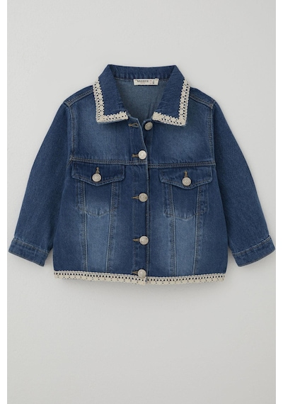 Breeze Kız Çocuk Jean Ceket Yaka & Alt Kısmı Güpür Cep Kapak Detaylı 3-7 Yaş, Mavi Mavi