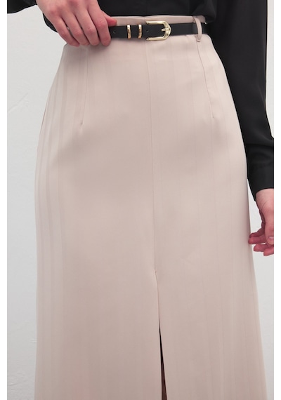 Sateen Anna Yırtmaçlı Etek - Bej-137173 Bej