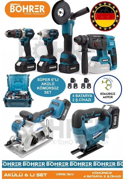 Böhrer Alman 4506 4 Akülü 2 Şarjlı Kömürsüz V598 5AH Profesyonel 6 Makine Kombo Set Mavi Tek Çanta