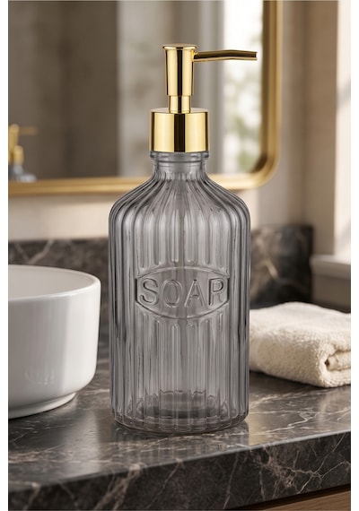 Glassy Dekoratif Cam Sabunluk Gold Pompalı Vintage Çizgili Sıvı Sabun Ve Deterjan Dispenseri - 21.5 Cm X 8 Cm - Siyah