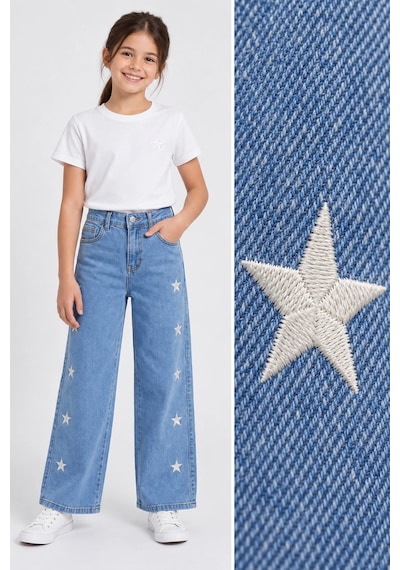 Rony Pony Kids Kız Çocuk Yıldız Nakışlı Bol Paça Jean Pantolon Açık Mavi Yüksek Bel Denim