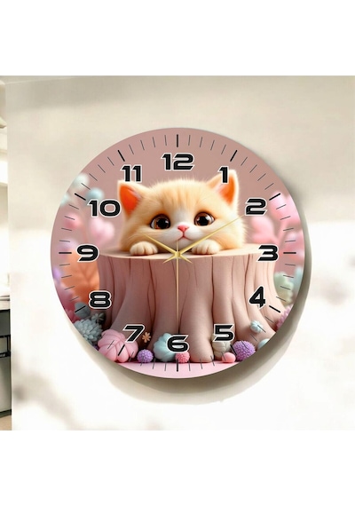 AA Shop Renkli Baskı Kedi Çocuk Desenli Sayılı Yılbaşı Hediyelik Ahşap Sessiz Tablo Duvar Saati D209 Çok Renkli