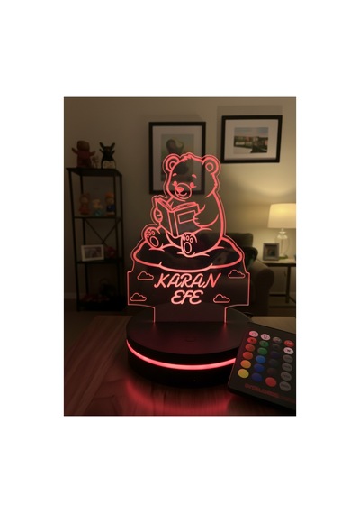 Kişiye Özel İsimli Ayıcık 3d Led Gece Lambası 10 Renk Kumandalı