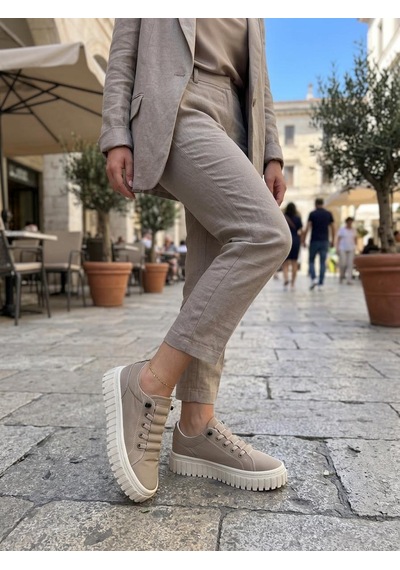Gamelu Vıgor Kadın Lastikli Memory Foam Kalın Taban Keten Sneaker Ayakkabı Bej