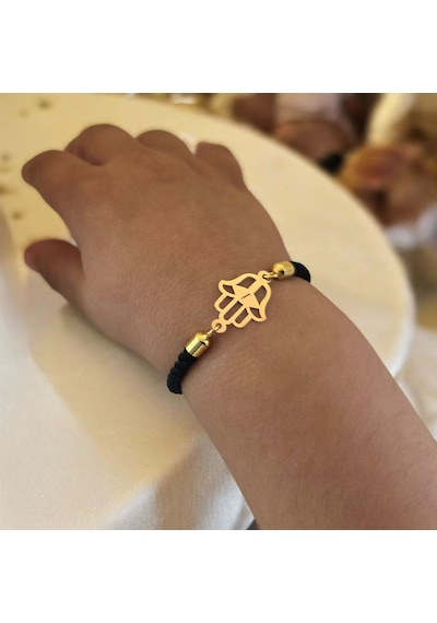 İ Harfine Özel 14 Ayar Altın Plakalı Siyah İpek Örgülü Hamsa Motifli Hediye Bileklik-509harf İ