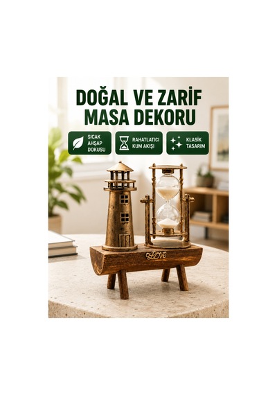 Ahşap Gövdeli Deniz Feneri Formlu Kum Saati 15x20 Cm Masa Dekoru Yeni Nesil Siyah