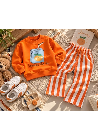 Turuncu Meyve Suyu Çizgili Jogger Alt Üst Takım - Toz Pembe - 2-3 Yaş - St00355-toz Pembe-2-3 Yaş