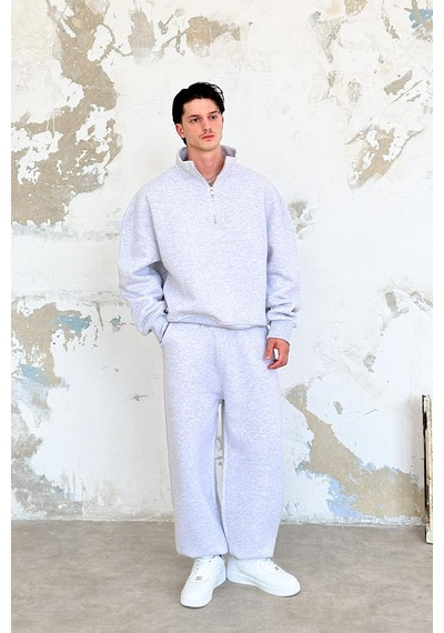 Gri Melanj Cozy Basic Yarım Fermuar Oversize Sweatshirt Gri Melanj