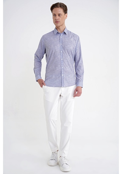 Slim Fit Klapa Yaka Esnek Pamuklu Gri Çizgili Gömlek G 1599